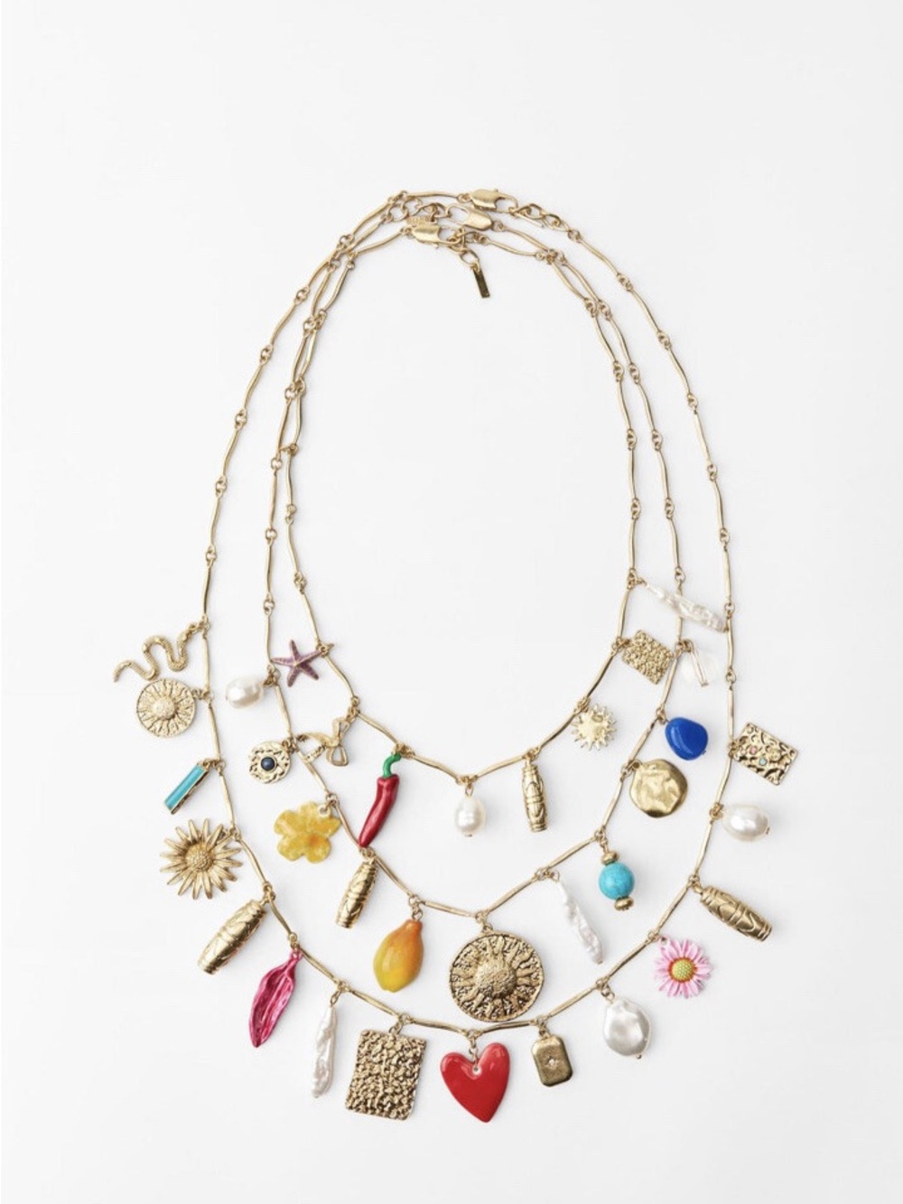 Zara Gold Multi-Charm Layered Necklace with Red, Blue and Pink Accents - Picture 3 of 7